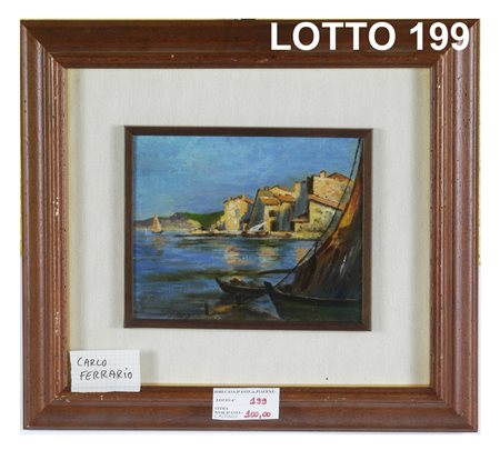 CARLO FERRARIO DIPINTO OLIO SU CARTONE RAFF. MARINA CON BARCHE MIS. 25 X 20