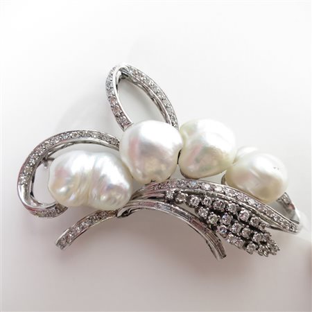 SPILLA, Spilla oro bianco 14 KT, diamanti ct 1,00 perle coltivate....