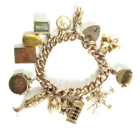 BRACCIALE, Bracciale oro giallo 14 KT charms Inghilterra anno 1940 ca. gr 62,8