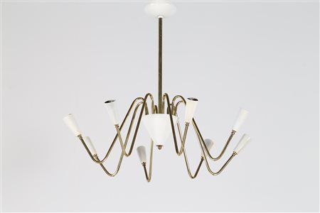 - Lampadario in ottone e metallo laccato, anni 50. -. Cm 76,00 x 65,00 x...