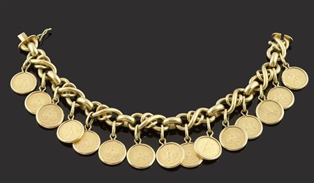 Bracciale in oro giallo charms con 15 monete, gr 51,5