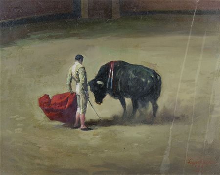 Lajos Markos 1917-1993 "In arena" cm. 40x50 - olio su faesite Firmato b. a d....
