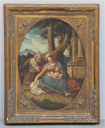 Antico dipinto raffigurante Sacra Famiglia, olio su tavola(cm 91x66) in...