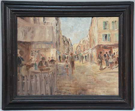 Ignoto "Scorcio di via cittadina" olio su tela (cm 60x80) reca firma I....