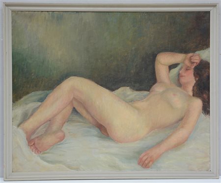 Ignoto sec XIX. "Nudo di donna sdraiato" olio su tela (cm 80x100) in cornice...