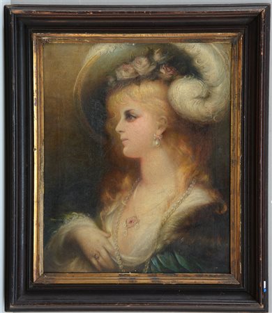 Ignoto "Gentildonna con cappello piumato" olio su tela (cm 57x46) in cornice...