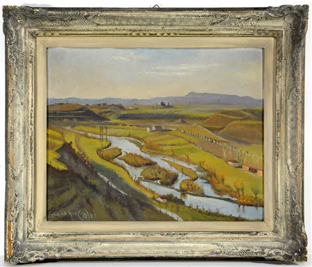 Giuseppe Calvi (Oreglia 1895- 1983)" Valle del Mincio" olio su cartone telato...