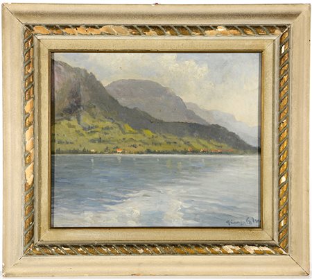 Giuseppe Calvi (Oreglia 1895- 1983)"Lago di Lecco" olio su compensato (cm...