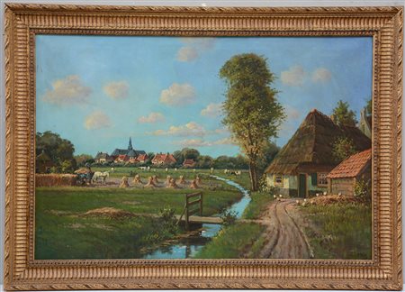 Ignoto "Paesaggio con covoni" olio su tela (cm 60x90) reca firma P. Later in...