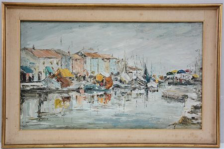 Renata Gualtieri "Cesenatico. Scorcio porto canale", olio materico su tela...