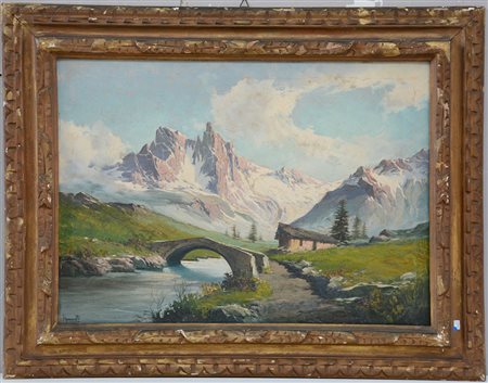 Gustavo Mancinelli ( 1842- 1906)"Paesaggio pedemontano con Monte Rosa sullo...