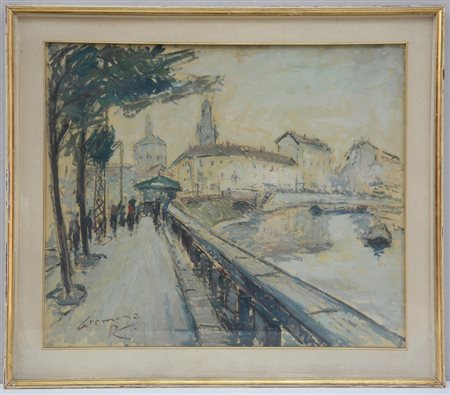 Scuola di inizio sec XX. "Milano, scorcio del naviglio" (cm 66x78) reca firma...