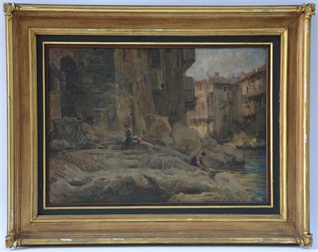 Carlo Vittori (Cremona 1881- 1943)"Scorcio di paese con lavandaia" olio su...