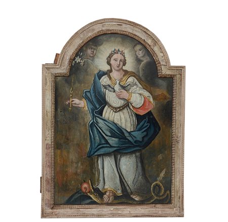 Antico dipinto ad olio su tavola raffigurante l'immacolata concezione (cm...