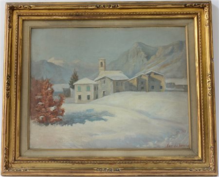 Ignoto "Paesaggio innevato" olio su cartone telato (cm 48x63) reca firma Van...