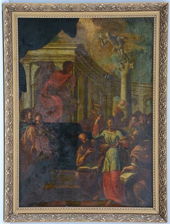 Scuola veneta secolo XVII "Disputa di Santa Caterina" olio su tela (cm 74x51)...