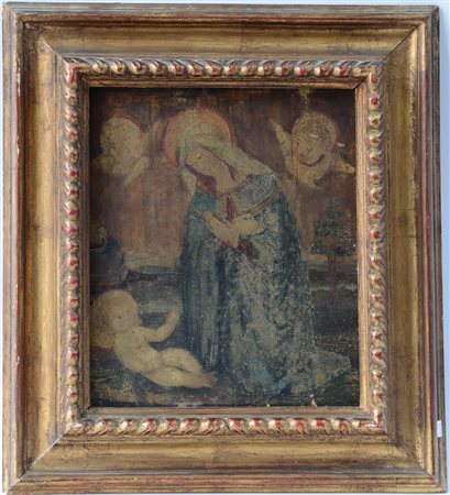 Ignoto "Madonna con bambino e cherubini" dipinto su tavola (cm 32x28) in...