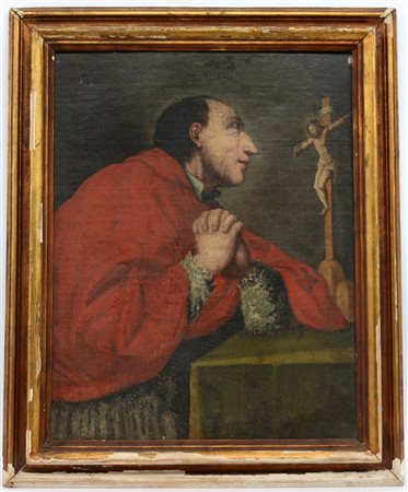 Antico dipinto raffigurante "San Carlo Borromeo", olio su tela (cm 55x43), in...