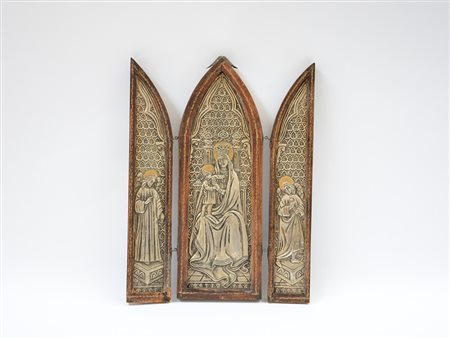 Trittico da viaggio raffigurante Madonna con bambino e angeli in metallo...