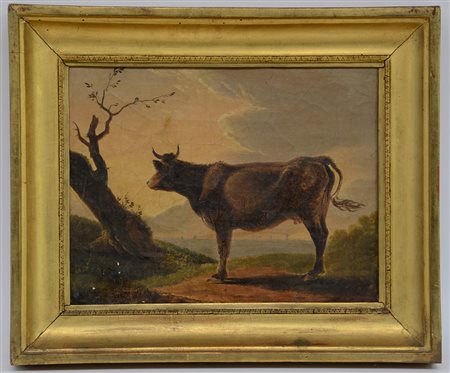 Scuola del sec. XIX "Paesaggio con armenti" olio su tela (cm 24x31) In...