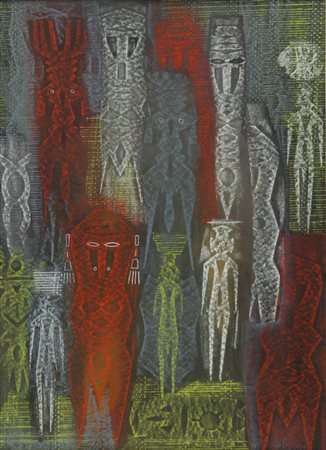 CORRADO CAGLI (1910-1976) Totem 1954 olio su tavola cm 66x47,5 firmato sul...