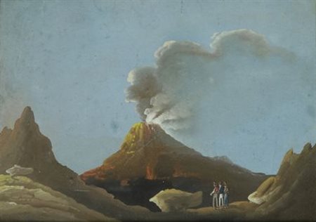 Anonimo del XIX sec. IL VESUVIO IN ERUZIONE Tempera su carta, cm. 17,7x23,6