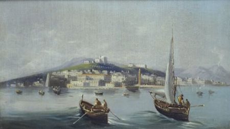 Scuola Napoletana XIX sec. VEDUTA DI NAPOLI Olio su tela, cm. 35,5x60,5