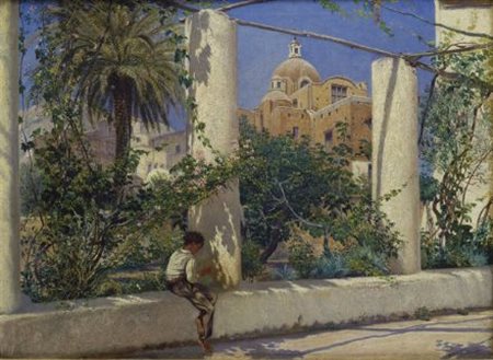 T. Morloyd RAGAZZO SUL MURETTO A CAPRI, 1861 Olio su tela, cm. 30x38,5 Firma...