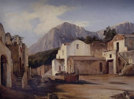 Scuola di Posillipo VEDUTA DI PAESE Olio su cartone, cm. 23x28