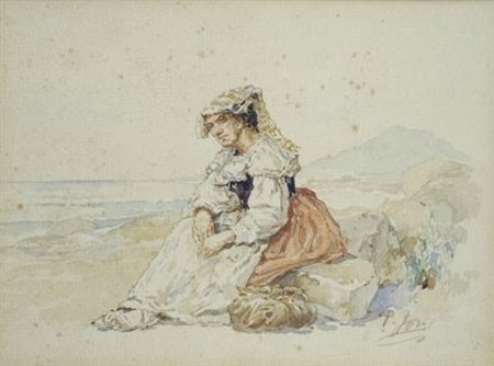 Pio Joris (Roma1843-1921) FIGURA SULLA SPIAGGIA Acquerello su carta, cm....