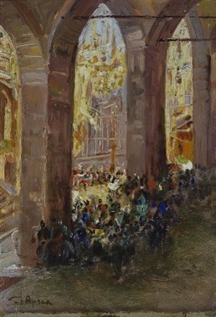 Giuseppe Aprea (Napoli, 1876 - 1946) IN CHIESA Olio su cartone, cm. 21x13...