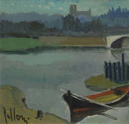 Silvio Polloni (Firenze, 1888 - 1972) BARCA SUL FIUME Olio su faesite, cm....