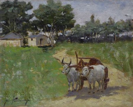 Gino Tommasi (Livorno, 1880 - 1942) CARRO CON BUOI Olio su tavola, cm. 21x26...