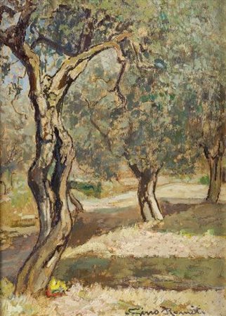 Gino Romiti (Livorno, 1881 - 1967) ULIVI Olio su tavoletta, cm. 24,5x18 Firma...