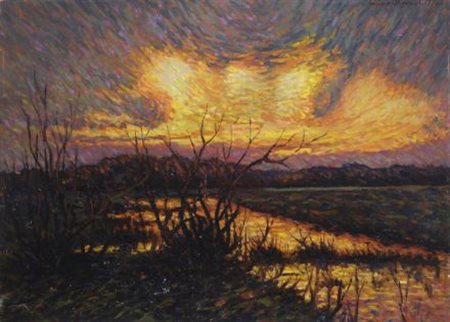 Gino Romiti (Livorno, 1881 - 1967) TRAMONTO, 1922 Olio su tavola, cm. 32x44,5...