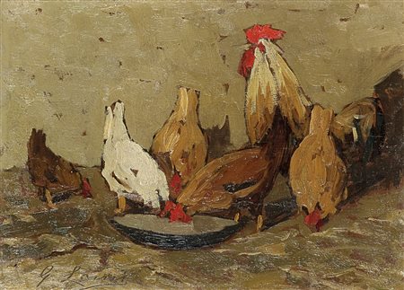 LOMI GIOVANNI Livorno 1889 - 1969 "Galline" 17x23,5 olio su tavoletta Opera...