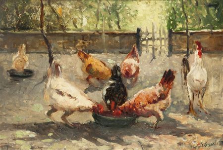 GUARLOTTI GIOVANNI Galliate (NO) 1869 - 1954 Torino "Galline" 35x48,5 olio su...