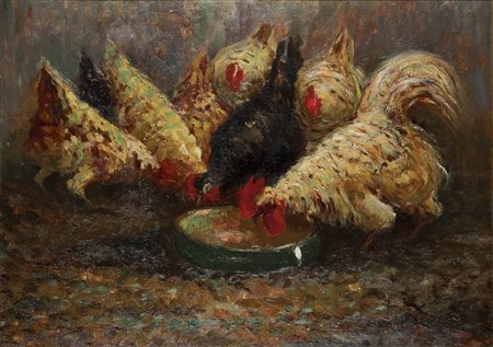 GUARLOTTI GIOVANNI Galliate (NO) 1869 - 1954 Torino "Galline" 37x50 olio su...