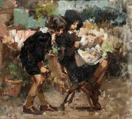 IROLLI VINCENZO Napoli 1860 - 1949 "La lettura" 44x49 olio su tela Opera...