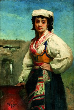 GAMBA ENRICO Torino 1831 - 1883 "Giovane popolana" 29,5x21 olio su tavola...