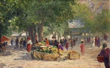 RODA LEONARDO Racconigi (CN) 1868 - 1933 "Mercatino" 1927 32,5x47,5 olio su...