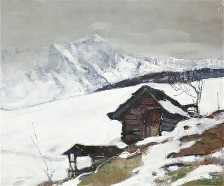 MUSSO CARLO Balangero (TO) 1907 - 1968 "Baita innevata" 50x60 olio su...