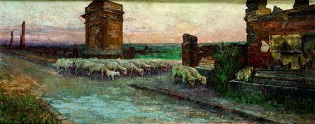 PENNACCHINI DOMENICO Roma 1860 -1910 "Paesaggio con gregge" 39x99 olio su...