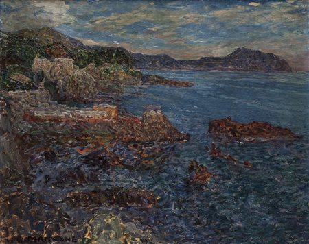 MANZONE GIUSEPPE Asti 1887 - 1983 "Riviera ligure" 43x53 olio su tavola Opera...