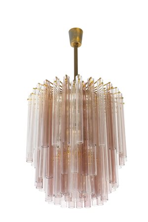 BAROVIER & TOSO Grande lampadario a tubi di vetro trasparenti e colorati....