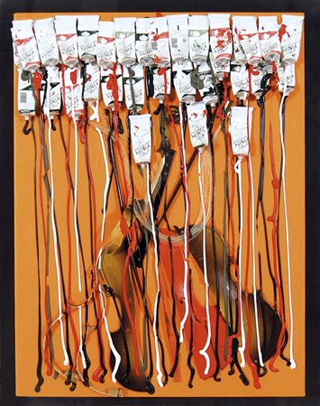 ARMAN FERNANDEZ Nizza 1921 - 2005 Violin On Orange Canvas With Pressed Paint...