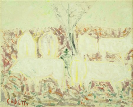 Giuseppe Cesetti (Tuscania (Vt) 1902 1990) Buoi, Olio su tela, cm. 40x50...