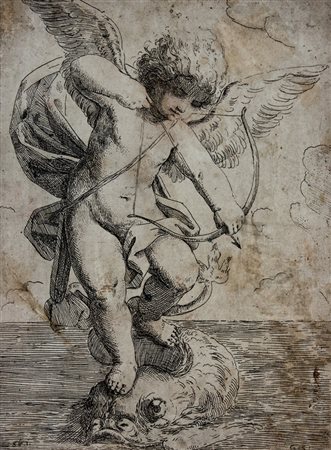 Gerolamo Scarsello,&nbsp;Eros con arco e freccia su un delfino.Acquaforte. mm...