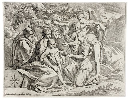 Pietro Testa,&nbsp;Sacra Famiglia con angeli.(post 1645)Acquaforte. mm...