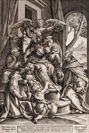 Hieronymus Wierix,&nbsp;Sacra Famiglia con Sant'Elisabetta ed il piccolo...